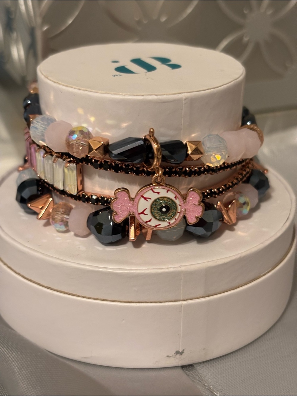 Stacked Pink and Black Beaded Bracelet Set with Eyeball Charm